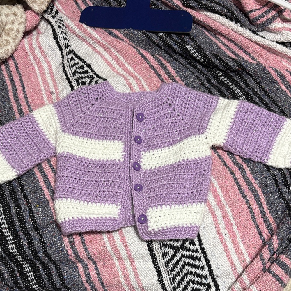 Handmade Purple and White Kids Crochet Cardigan